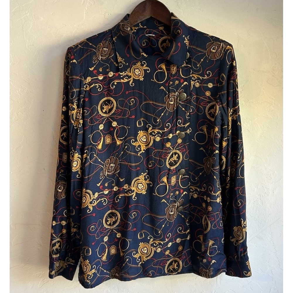 Vintage Equestrian Button Up Top M L Bridle Horse Old Money Preppy Heritage